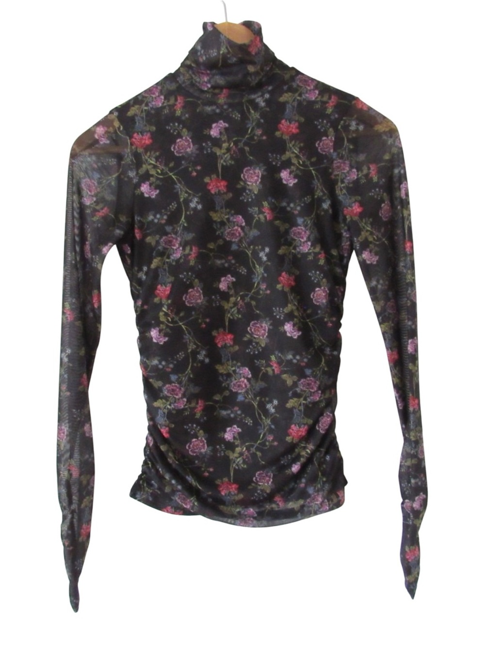 Cinq a Sept Hana Floral Shirred Mesh Turtleneck Top XXS Long Sleeves Sheer
